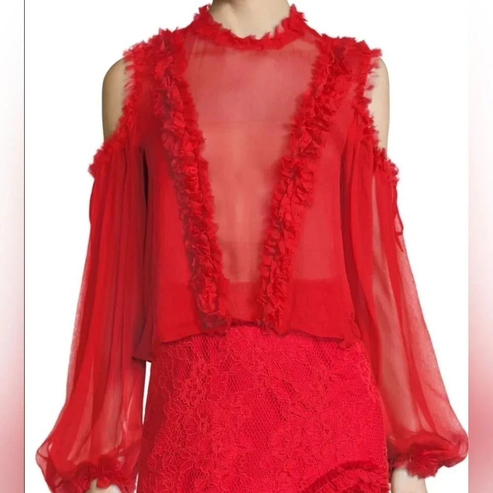 NWT ALEXIS Belicia Sheer Organza Cold Shoulder Top with Ruffled-Trim, 100% Silk